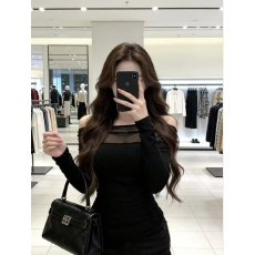 批发纯欲辣妹一字肩<b class='q'>网纱</b>拼接长袖T恤2025秋冬黑色高级感修身内搭<b class='q'>上衣</b>