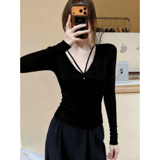 批发纯欲黑色扭结V领内搭打底衫上衣女秋冬性感修身长袖正肩<b class='q'>T</b><b class='q'>恤</b>