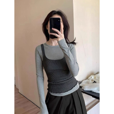 批发韩系穿搭修身显瘦内搭长袖T恤女秋冬季灰色针织吊带长袖两件套装