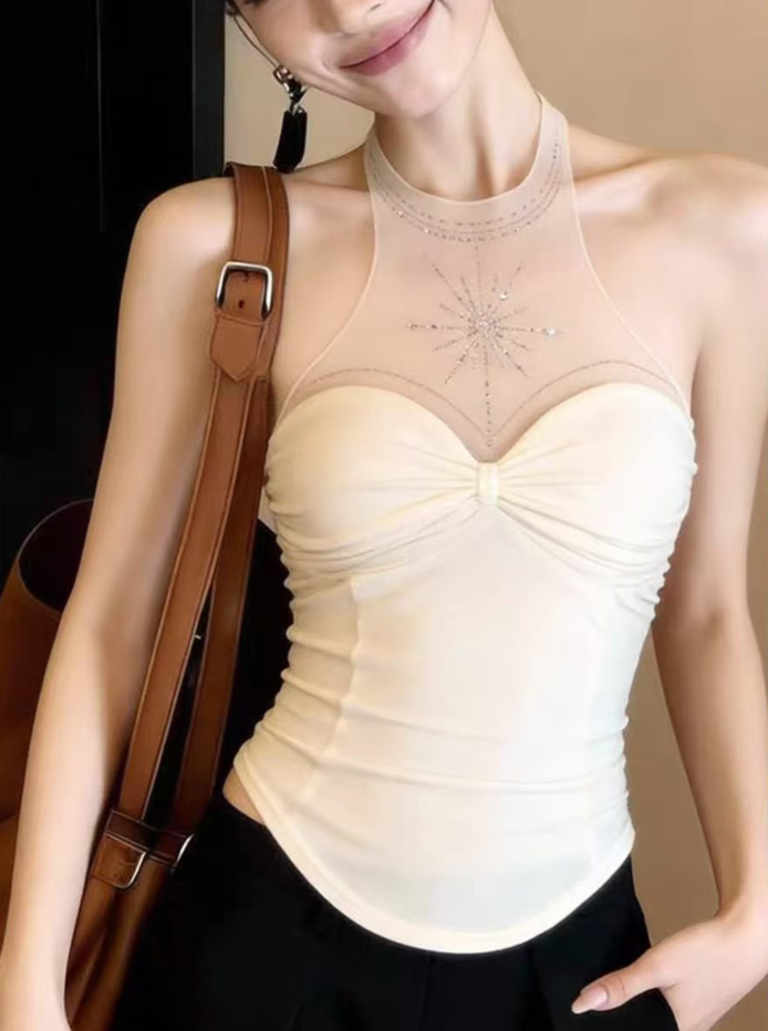 순수한 욕망 섹시함 망사 패치워크 행침 목 캐미솔 외출용 고급 센스 민소매 맨위