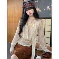 批发春季新款甜美风假两件<b class='q'>碎花</b><b class='q'>衬衫</b>小众高级感<b class='q'>衬衣</b>