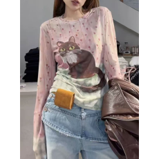 批发高级感小猫碎花网纱长袖T恤女夏季2026新款防晒衣<b class='q'>罩衫</b>上衣打底衫