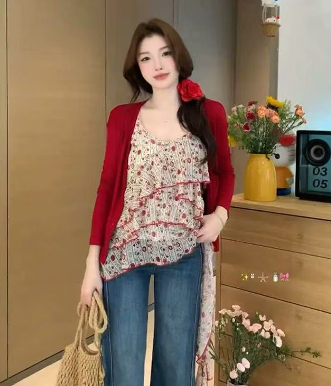 고유 한 아름다운 자이언트 잘 생긴 빨간색 오픈 가디건 꽃무늬 슬립 두 조각 여성 세트 조기 봄 품격 한국 스타일 부서 세트