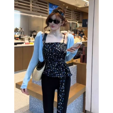 批发韩版温柔风气质碎花吊带背心短款防晒针织开衫套装上衣女<b class='q'>夏</b>季新款