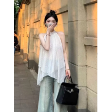 批发法式度假风挂脖<b class='q'>无袖</b>波点<b class='q'>雪纺衫女</b>夏季新款荷叶边宽松显瘦绝美上衣