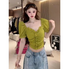 批发法式纯欲风V领褶皱衬衫女夏季设计感短袖显瘦上衣