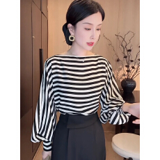 批发设计感条纹开叉灯笼袖衬衫女高级感长袖薄款上衣