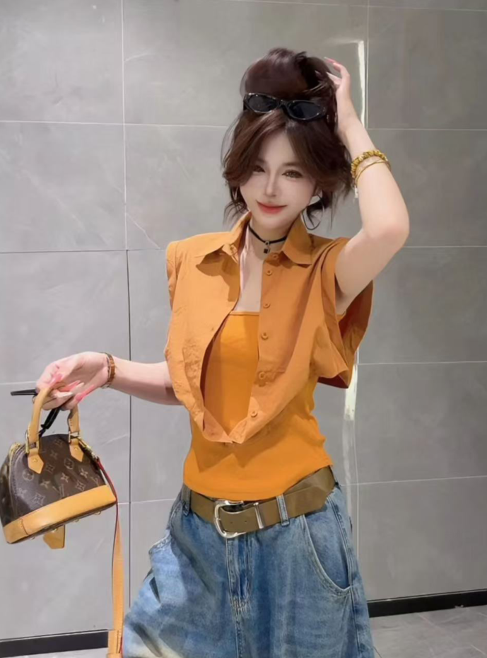 외국 가스 패션 다용도 POLO 칼라 허리 수축 페이크 레이어드 셔츠 여성 여름 새로운 아름다운 불규칙 슬림해 보이는 셔츠