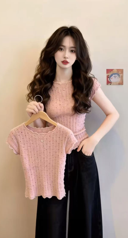 아름다운 자이언트 잘 생긴 프릴 Feifei 소매 티셔츠 여성 디자인 센스 달콤한 핫걸 몸매 가꾸기 배색 도트 무늬 맨위
