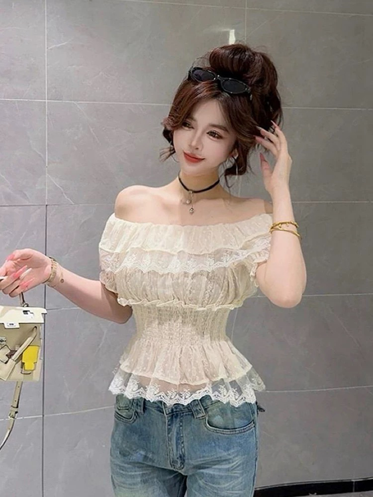 보트넥 새는 어깨 시폰 셔츠 여성 여름 레이스 조각 허리 수축 맨위