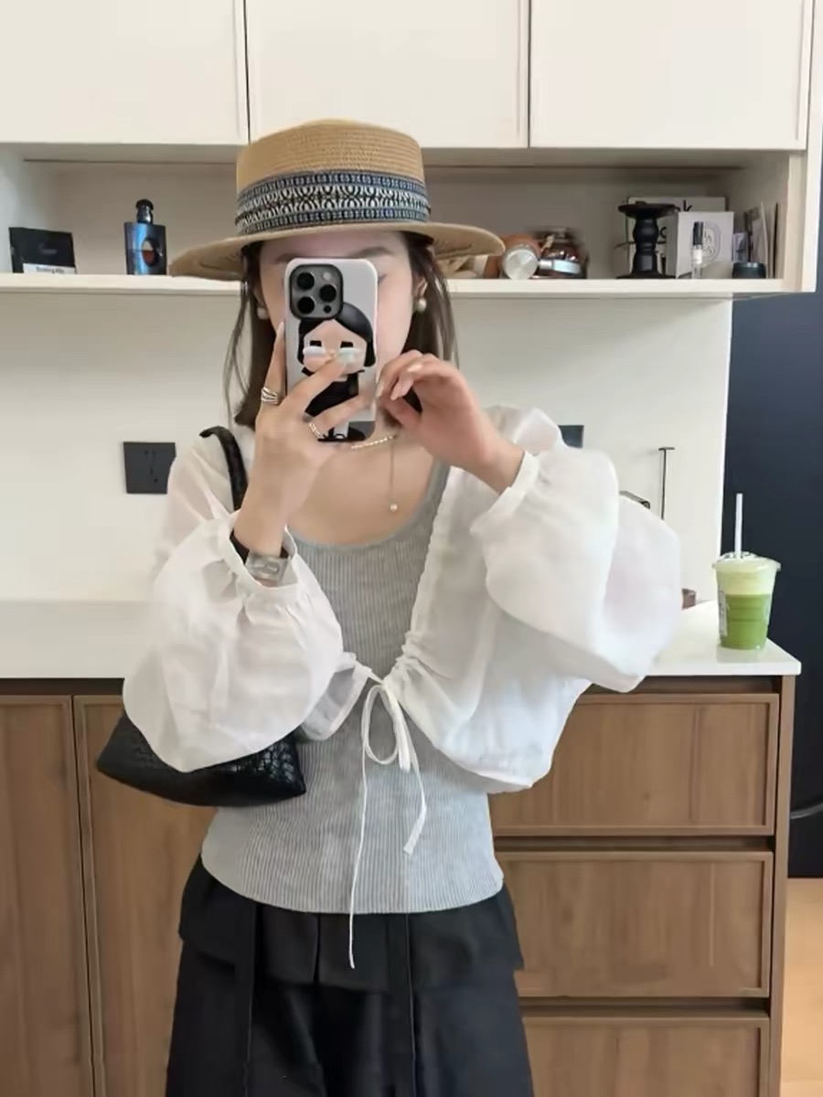 여름 패션 착용 가져 가라. 두 조각 여성 세트 여름 얇은 스타일 자외선 차단 블라우스 캐미솔 세트