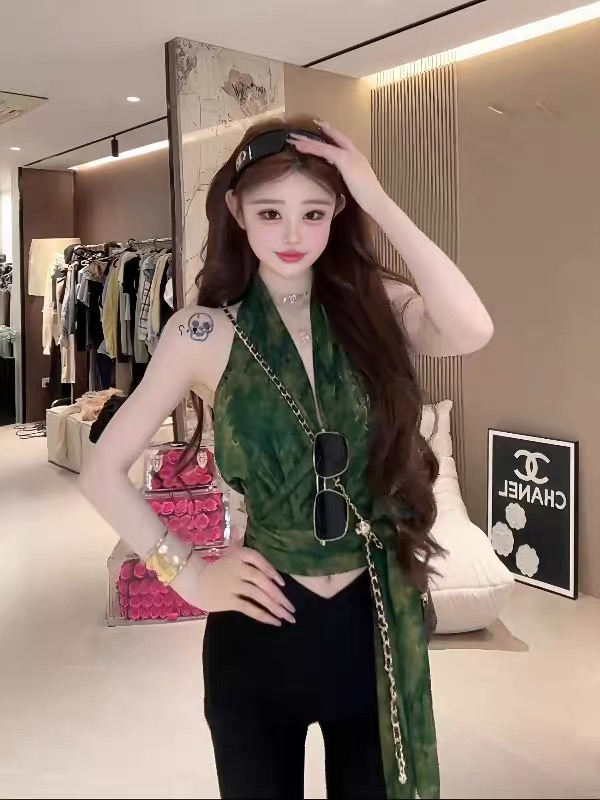 품격 행침 목 V넥 스트랩 조끼 여성 여름 레이스업 허리 수축 디스플레이 얇고 작은 맨위