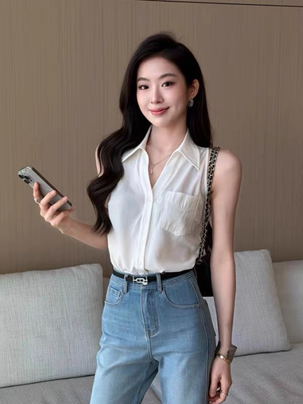 프랑스식 출퇴근 화이트 폴로 칼라 민소매 여성 셔츠 여름 자이언트 잘 생긴 슬림해 보이는 맨위