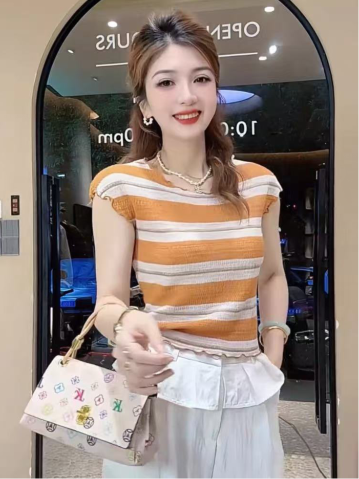 스트라이프 프릴 Feifei 소매 짠 셔츠 여성 여름 새로운 외국 가스 슬림해 보이는 연령 감소 맨위