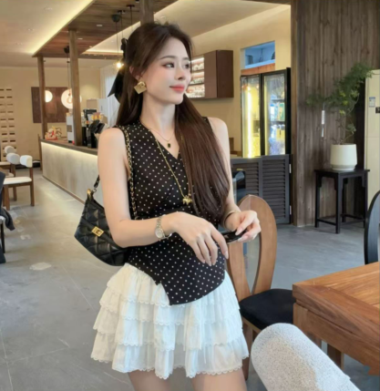 여름 새로운 빛 요리 한 우아함 폭풍 고대 검정색 도트 무늬 V넥 캐미솔