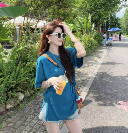 여름 새로운 미니멀리즘 다용도 루즈핏 라운드 넥 중간 길이 측면 트임 반팔 티셔츠