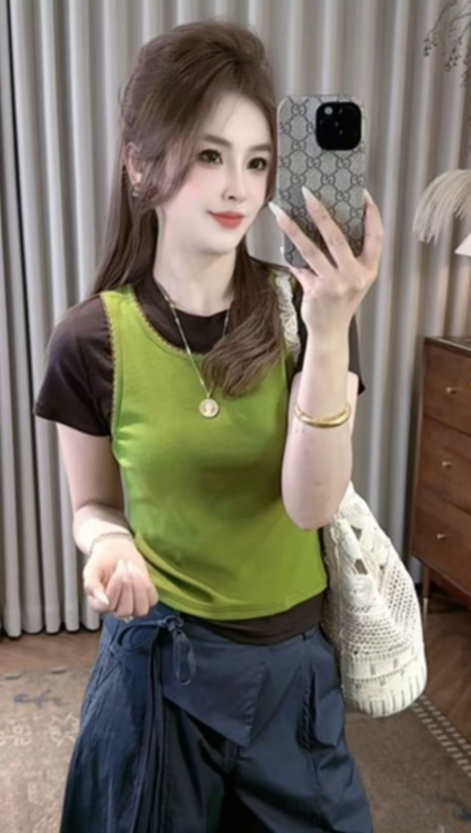 패션 다용도 배색 패치워크 페이크 레이어드 티셔츠