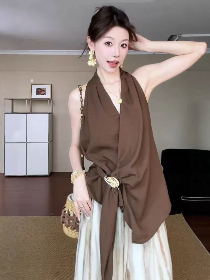 프랑스식 레트로 행침 목 슬립 여성 여름 디자인 센스 조끼 허리 수축 슬림해 보이는 품격 맨위