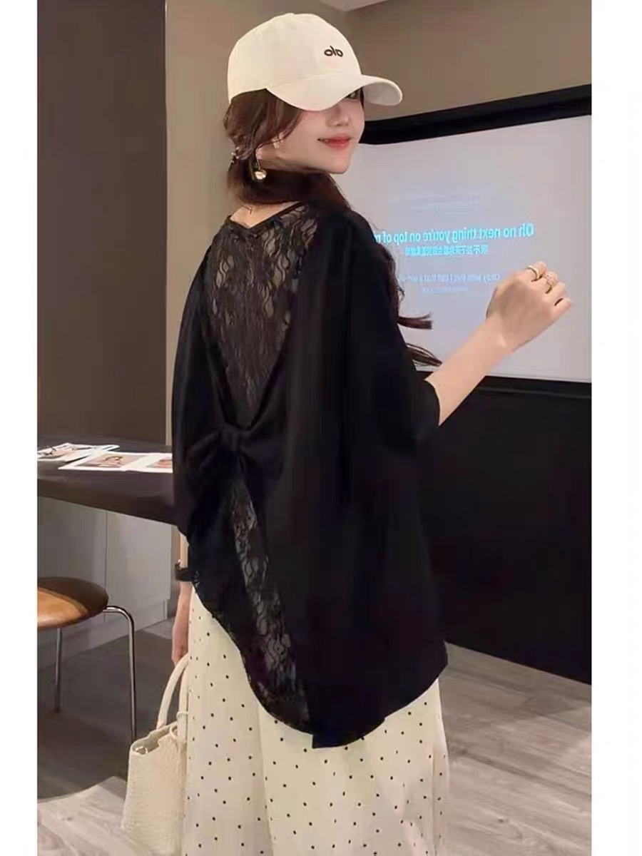 한 부서 느긋한 바람 다시 유출 레이스 조각 5 점 소매 티셔츠 여성
