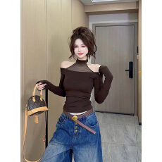 批发辣妹挂脖<b class='q'>露肩</b>长袖小衫女秋季网纱拼接性感<b class='q'>T</b><b class='q'>恤</b>