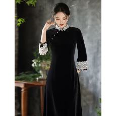 批发老上海<b class='q'>复古</b>风黑色丝绒旗袍气质名媛连衣裙2025新款高端修身