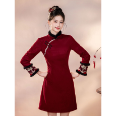 批发红色旗袍女新中式加绒加厚2025新款小个子长袖连衣裙冬季拜年服装