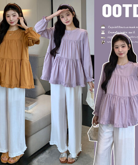 실사 새로운 가을 임산부 루즈핏 라운드 넥 프릴 긴팔 셔츠 펌프 로프 레이스 임산부 바지