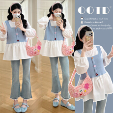 实拍2026春季新款孕妇花朵拼接甜美减龄宽松娃娃衫上衣