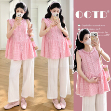 批发实拍2026夏季新款孕妇小清新粉格小飞袖木耳边拼接宽松娃娃衫上衣