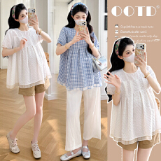 批发实拍2026夏季新款孕妇圆领肌理褶皱<b class='q'>格子</b>拼接宽松娃娃衫上衣