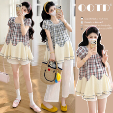 批发实拍2026新款<b class='q'>孕妇</b><b class='q'>复古</b>格子拼接法式方领娃娃衫<b class='q'>上衣</b>