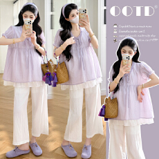 批发实拍2026新款<b class='q'>孕妇</b><b class='q'>肌理</b>圆领系带木耳边拼接娃娃衫<b class='q'>上衣</b>