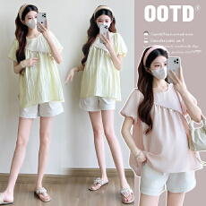 批发实拍2026新款夏季孕妇韩系贝壳串珠泡泡袖宽松<b class='q'>娃娃衫</b>上衣套装