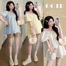 批发实拍2026新款夏季孕妇两穿一字肩<b class='q'>韩版</b>刺绣花边<b class='q'>娃娃衫</b>上衣套装