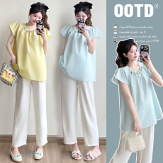 批发实拍2026新款夏季孕妇褶皱钉珠小清新飞飞袖<b class='q'>娃娃衫</b>上衣套装