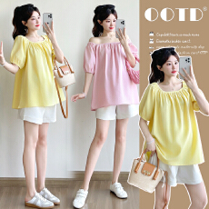 批发实拍2026新款夏季孕妇方领褶皱甜美宽松<b class='q'>娃娃衫</b>上衣套装