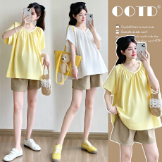 批发实拍2026新款夏季孕妇气质V领简约宽松<b class='q'>娃娃衫</b>上衣套装