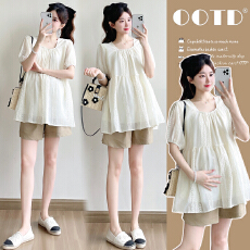 批发实拍2026新款夏季孕妇刺绣方领宽松<b class='q'>娃娃衫</b>上衣套装