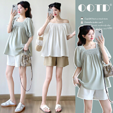 批发实拍2026新款夏季孕妇法式方领褶皱甜美宽松<b class='q'>娃娃衫</b>上衣套装