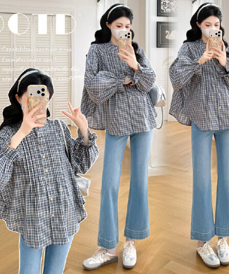 실사 새로운 가을 임산부 프릴 주름 체크무늬 긴팔 인형 셔츠 맨위