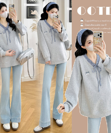 실사 새로운 가을 겨울 임산부 품격 V넥 레이스업 나비 매듭 패치워크 후드티