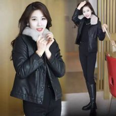 批发2025新款皮衣外套女加绒小个子洋气可拆毛领时尚韩版短款皮夹克