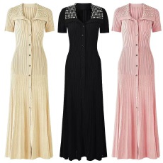 批发<b class='q'>欧美</b>风高品质中东风烫钻翻领夏季新款短袖针织<b class='q'>长裙</b>跨境名媛连衣裙