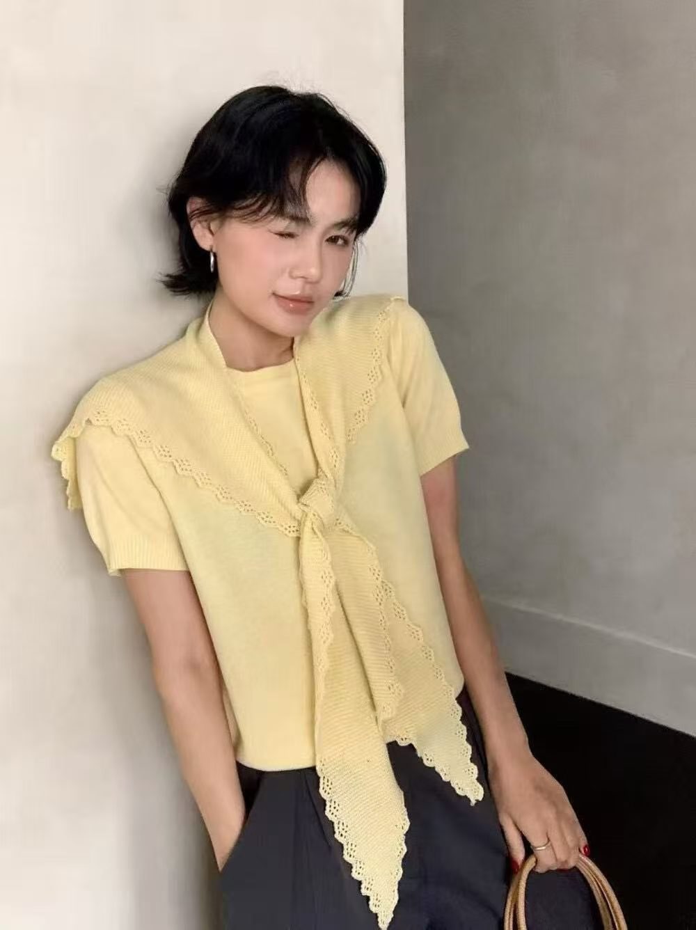 우유 fufu 달콤함 페이크 레이어드 디자인 숄 반팔 니트 스웨터 여성 봄 여름 새로운 루즈핏 맨위