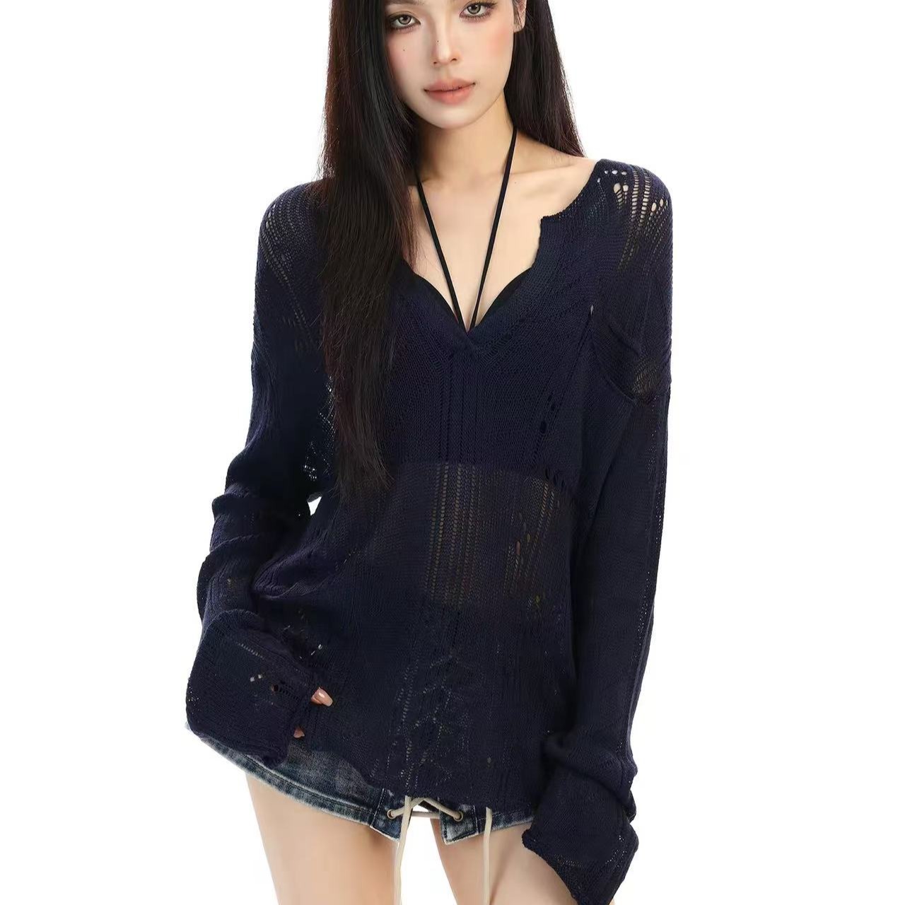 마이크로 ~을 통해 홀로우 아웃 느긋한 센스 V넥 니트 블라우스 여성 품격 루즈핏 캐주얼 자외선 차단 외부 잡아라. 의류