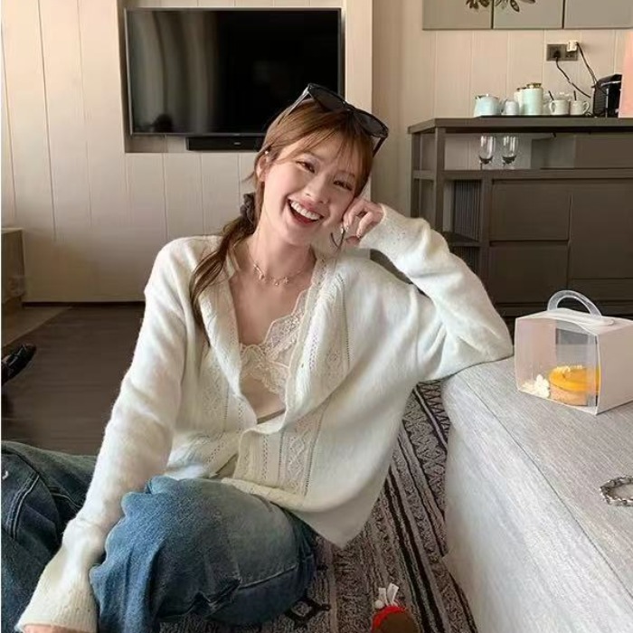 한 부서 부드러운 바람 레이스 홀로우 아웃 자수 니트 오픈 가디건 여성 봄 루즈핏 느긋한 얇은 스타일 스웨터 코트 맨위