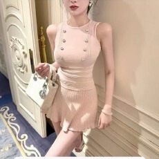 批发JOYKIKI金金酷酷哒香珍妮御姐千金小众设计弹力细百褶套装女