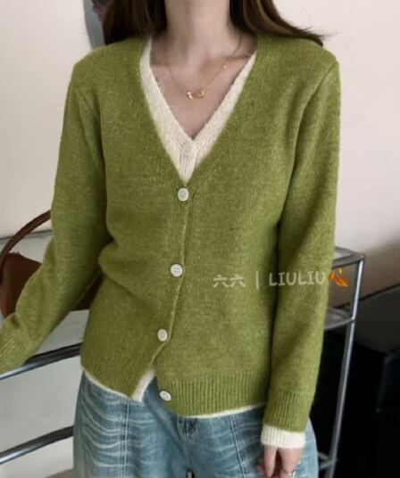 한 부서 녹색 페이크 레이어드 V넥 니트 오픈 가디건 맨위 여성 봄 가을 인사이드 가져 가라. 기본 셔츠 고급 센스 스웨터 코트