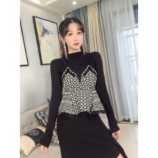 批发2025秋季黑色复古假两件印花<b class='q'>荷叶边</b>拼接上衣女修身显瘦针织衫<b class='q'>毛衣</b>