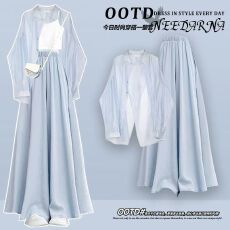 批发夏季套装女2025新款韩版<b class='q'>雪纺</b>防晒衬衫内搭吊带休闲阔腿裙裤三件套